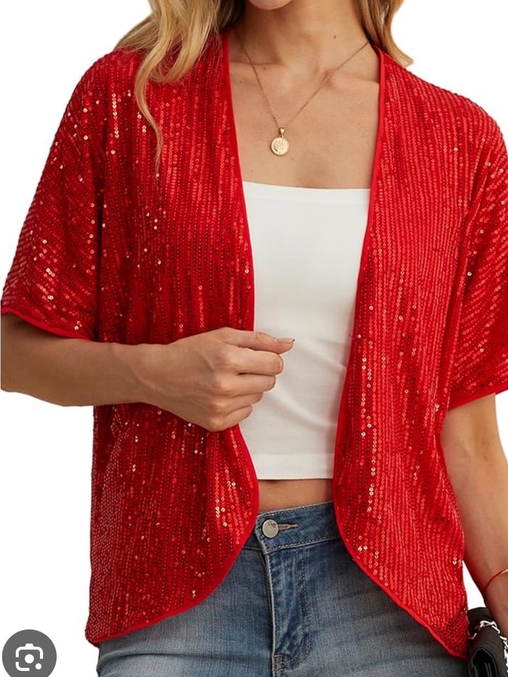 QIXING Red Sequin Short Sleeve Fashion Jacket new
